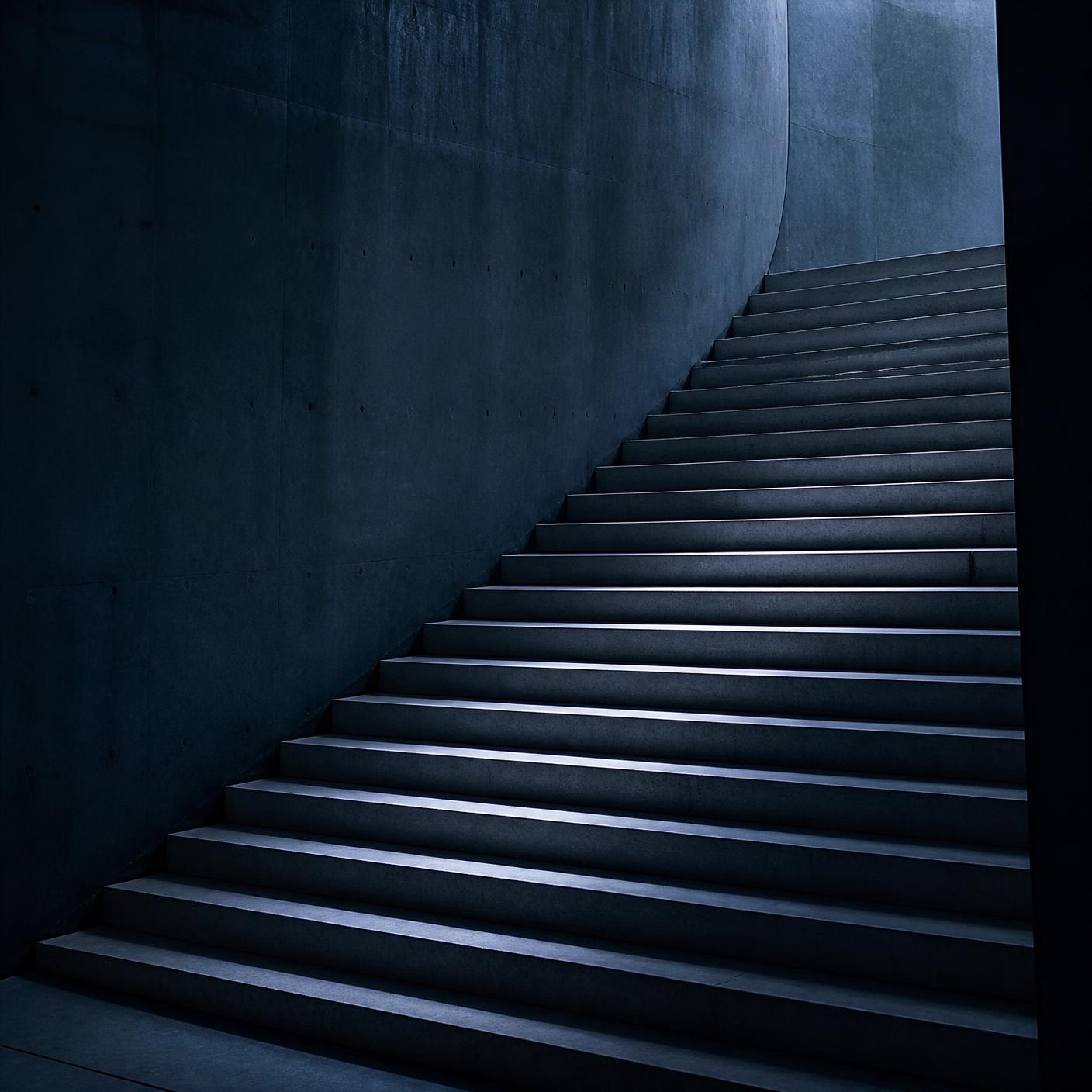 Escalier monumental éclairé par une lumière rasante froide