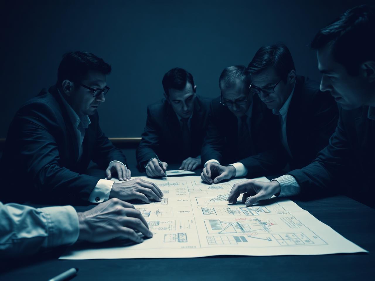 Équipe de direction travaillant autour d'un grand plan de travail