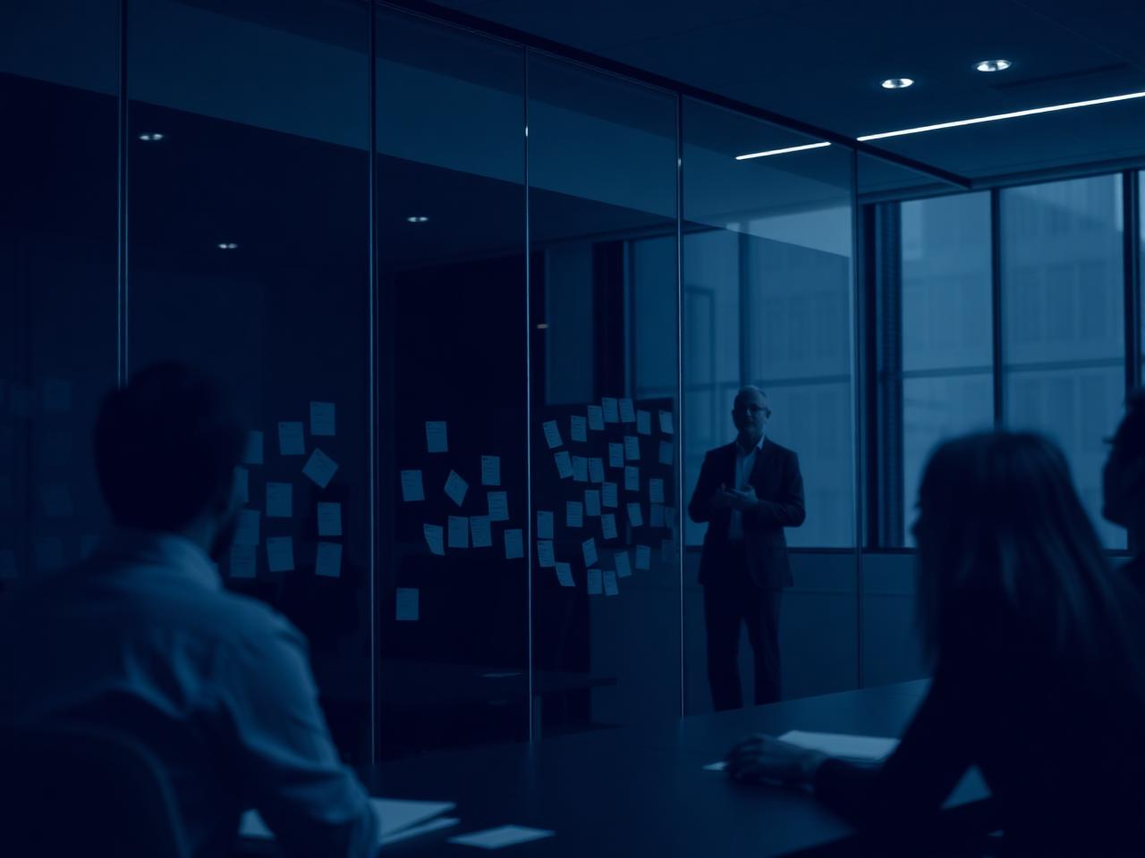 Séance de travail dirigeants dans une salle sombre
