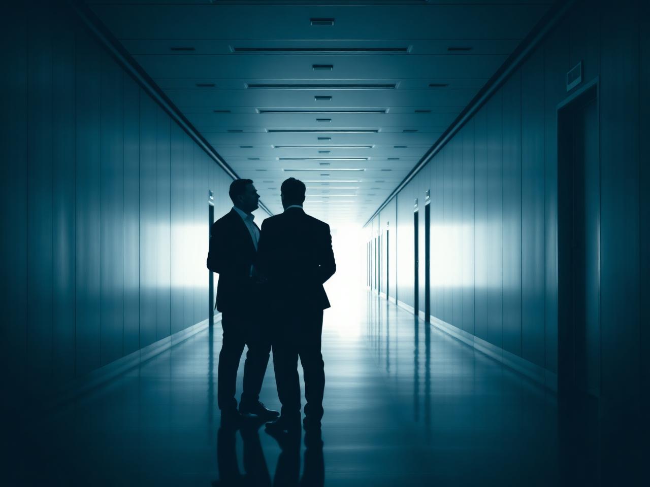 Deux dirigeants en discussion dans un couloir de siège social
